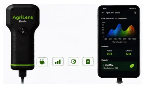 SunBio AgriLens Pro+ multispectral crop health monitor displaying live NDVI and NDRE telemetry on an Android smartphone in a field