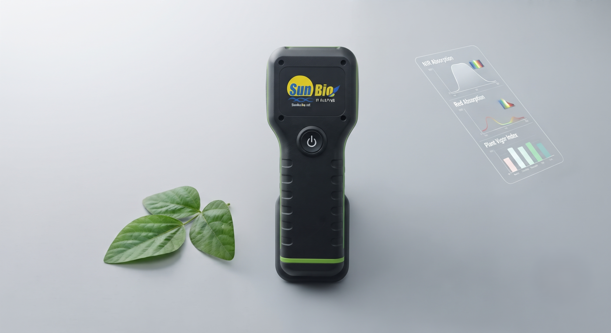 SunBio AgriLens Basic handheld agricultural sensor configuration with USB-C Android smartphone display and diagnostic icons
