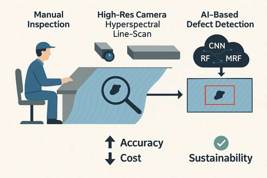 AIML fabric inspection system, textile defect detection AI, automated fabric measurement.